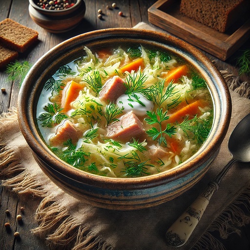 traditional Mari cuisine dish, Kovdntan shur, served in a rustic ceramic bowl